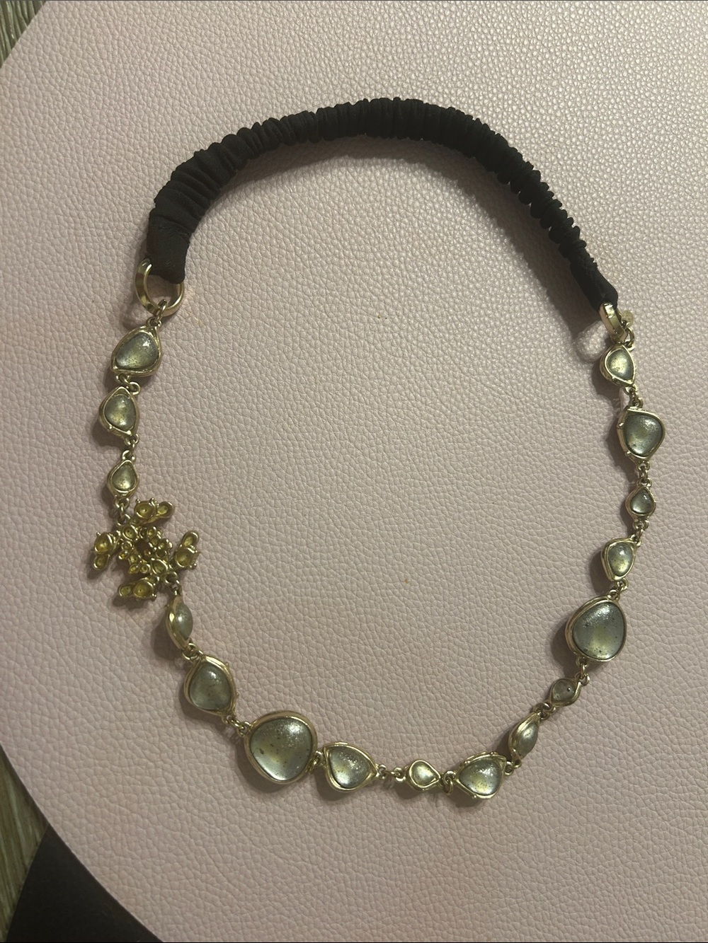 CHANEL Gold-Tone Hair Accessory with Black Elastic and Clear Glass Accents